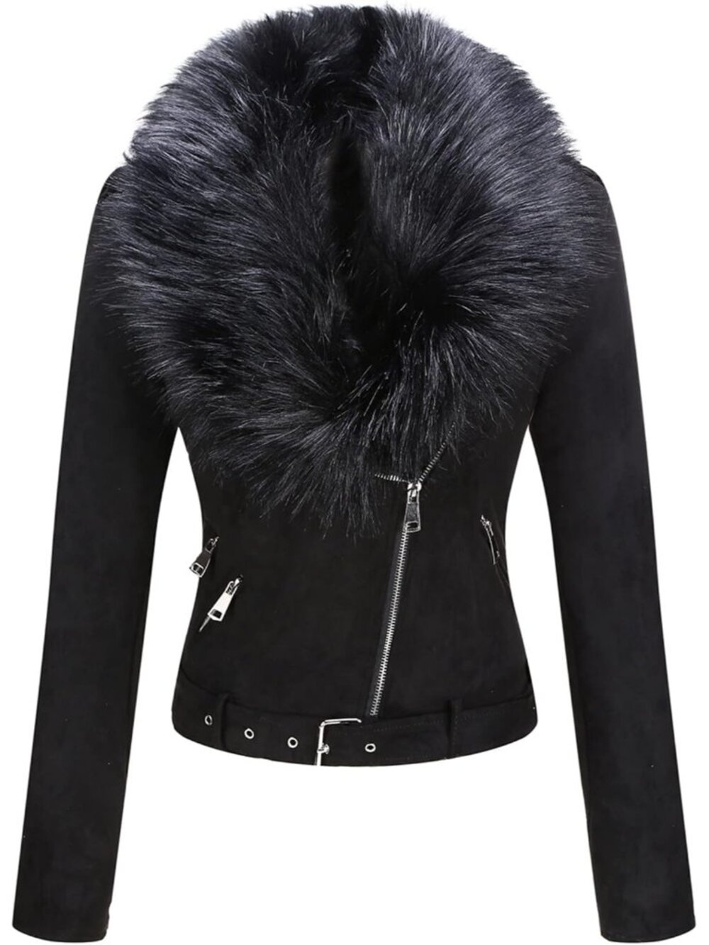 Women Faux Suede Jacket Moto Biker Sherpa-Lined Coat